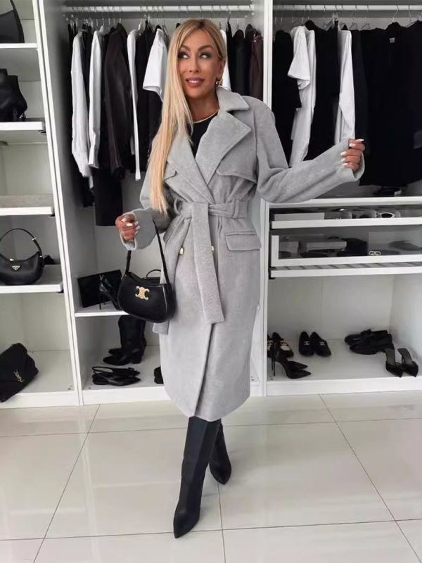 Autumn and winter simple long-sleeved suit collar tie woolen coat-[Adult]-[Female]-Grey-S-2022 Online Blue Zone Planet