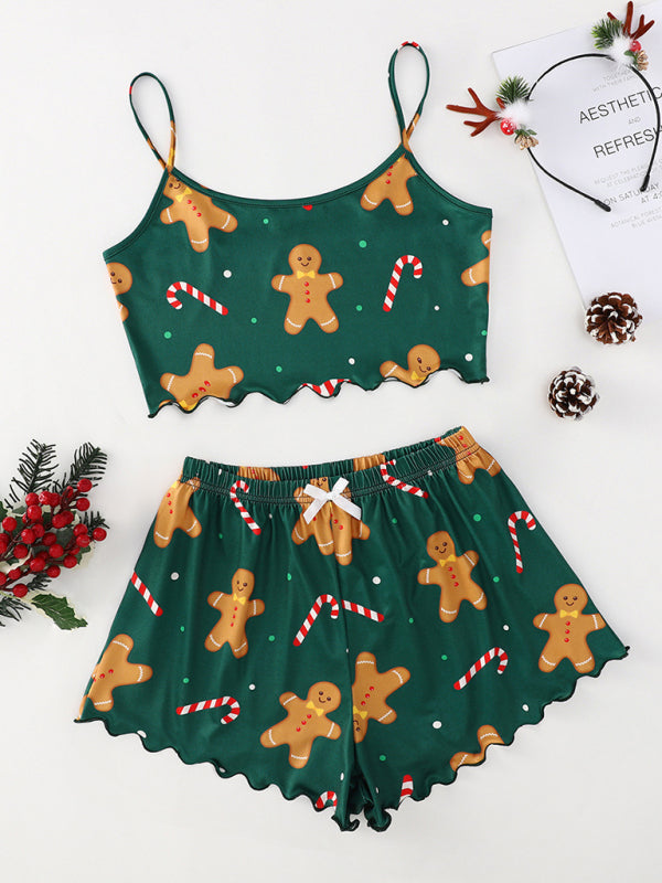 Christmas print sleeveless shorts, simple and casual two-piece home wear-TOPS / DRESSES-[Adult]-[Female]-Green-S-2022 Online Blue Zone Planet