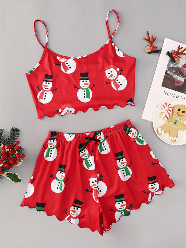 Christmas print sleeveless shorts, simple and casual two-piece home wear-TOPS / DRESSES-[Adult]-[Female]-Red-S-2022 Online Blue Zone Planet