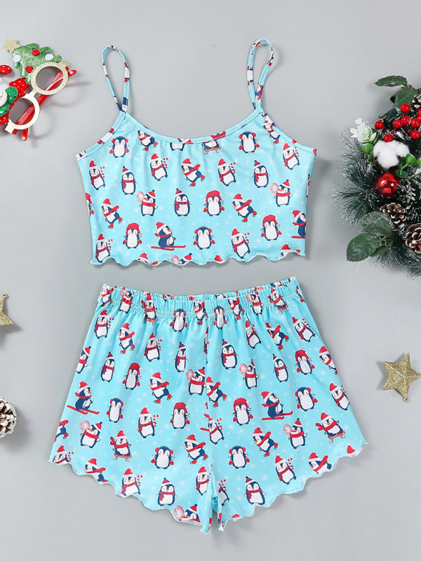 Christmas Santa Claus Elk Print Sleeveless Shorts Simple Casual Two-piece Home Clothes-[Adult]-[Female]-Pattern2-S-2022 Online Blue Zone Planet