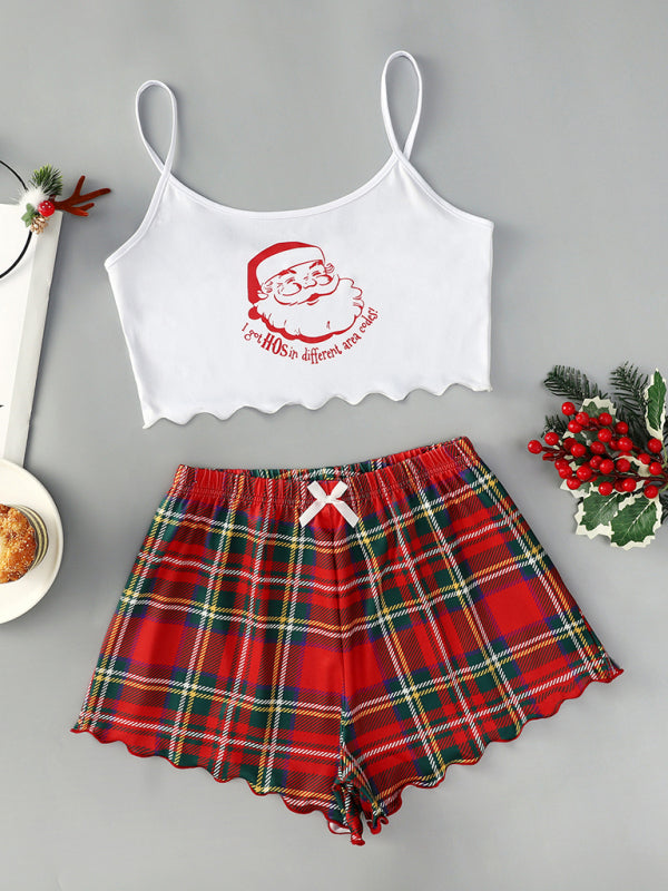 Christmas Santa Claus Elk Print Sleeveless Shorts Simple Casual Two-piece Home Clothes-[Adult]-[Female]-Pattern3-S-2022 Online Blue Zone Planet