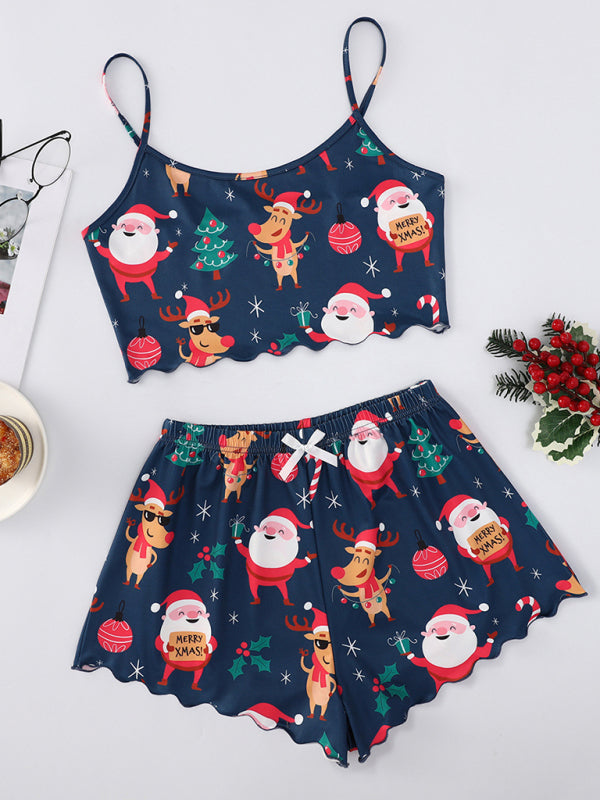 Christmas Santa Claus Elk Print Sleeveless Shorts Simple Casual Two-piece Home Clothes-[Adult]-[Female]-Pattern4-S-2022 Online Blue Zone Planet