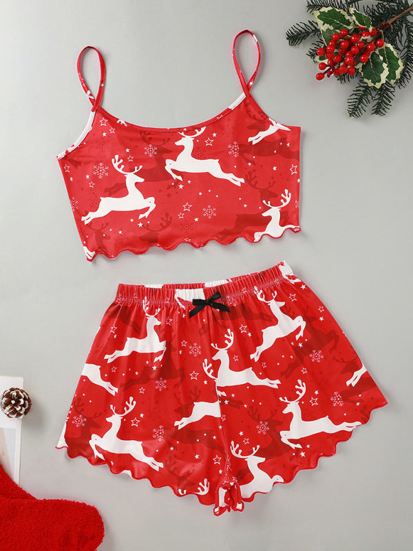 Christmas Santa Claus Elk Print Sleeveless Shorts Simple Casual Two-piece Home Clothes-[Adult]-[Female]-Red-S-2022 Online Blue Zone Planet