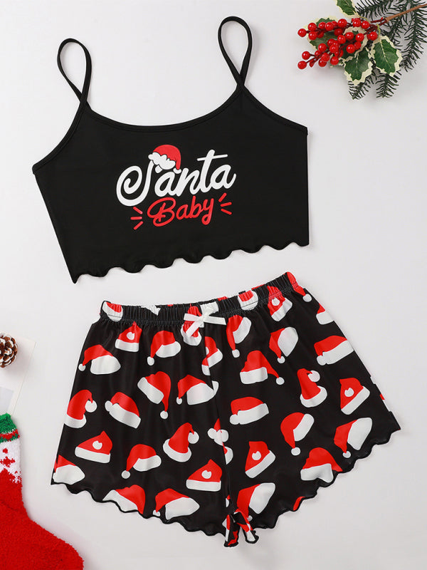 Christmas letter elk Christmas hat print sleeveless shorts simple casual two-piece home clothes-[Adult]-[Female]-Pattern1-S-2022 Online Blue Zone Planet