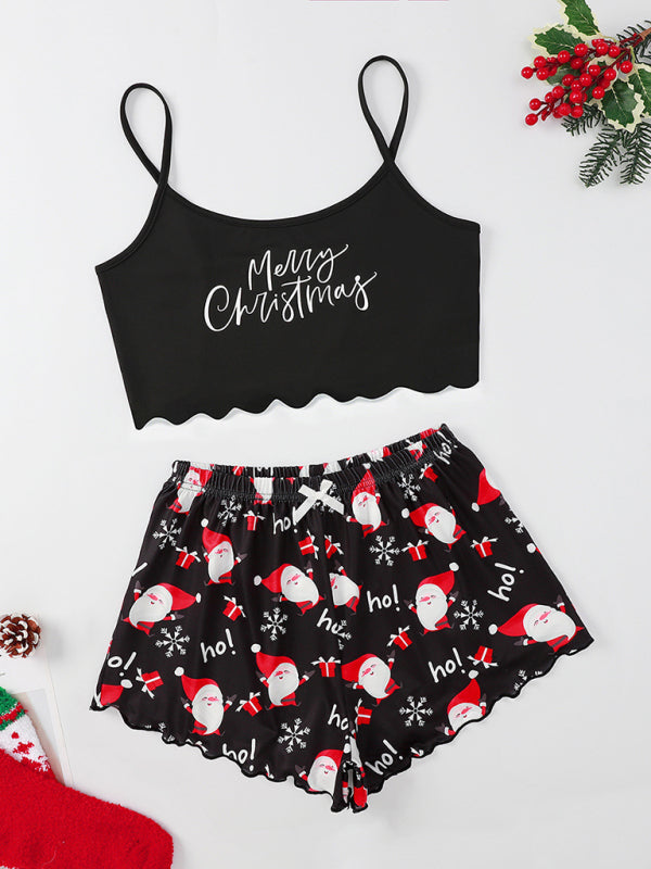 Christmas letter elk Christmas hat print sleeveless shorts simple casual two-piece home clothes-[Adult]-[Female]-Pattern2-S-2022 Online Blue Zone Planet