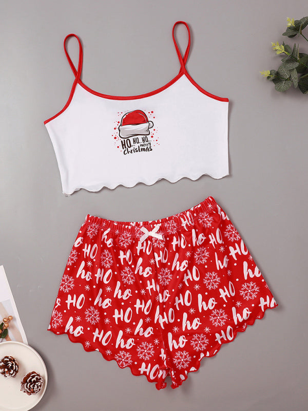 Christmas letter elk Christmas hat print sleeveless shorts simple casual two-piece home clothes-[Adult]-[Female]-Red-S-2022 Online Blue Zone Planet