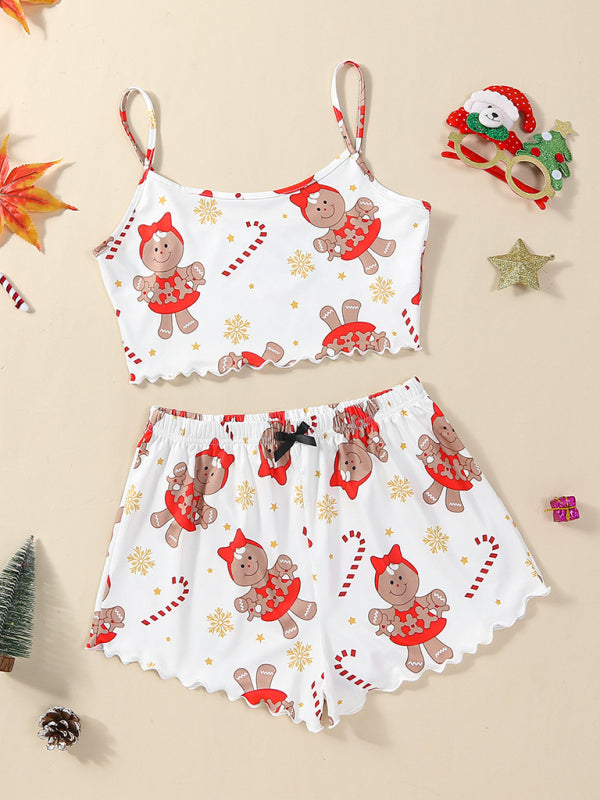 Christmas Cute Snowflake Print Two Piece Loungewear Set-[Adult]-[Female]-White-S-2022 Online Blue Zone Planet