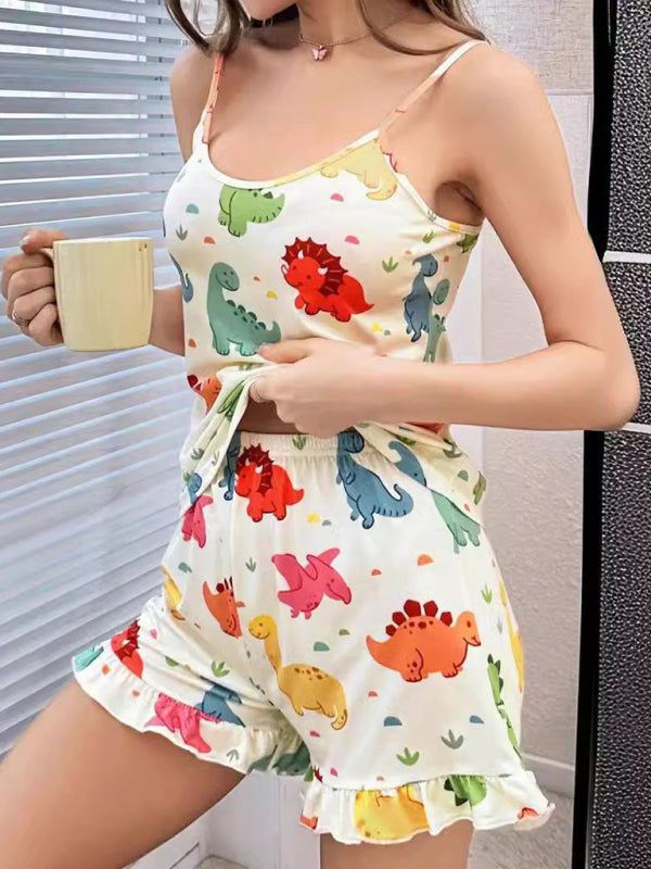 Multicolor Cartoon Dinosaur Print Camisole Top Ruffle Shorts Homewear Pajama Set-[Adult]-[Female]-2022 Online Blue Zone Planet