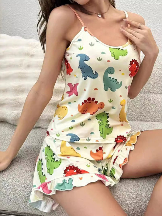 Multicolor Cartoon Dinosaur Print Camisole Top Ruffle Shorts Homewear Pajama Set-[Adult]-[Female]-Pattern-S-2022 Online Blue Zone Planet