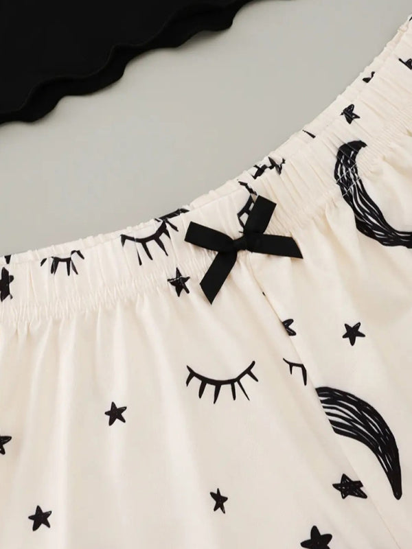 Eyelash Print Camisole Top Star Moon Shorts Loungewear Set-[Adult]-[Female]-2022 Online Blue Zone Planet