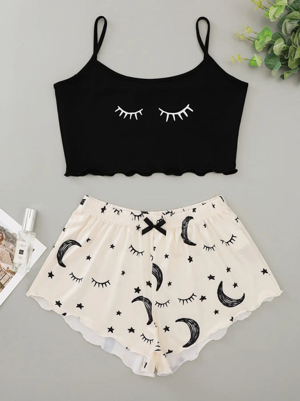 Eyelash Print Camisole Top Star Moon Shorts Loungewear Set-[Adult]-[Female]-Black-S-2022 Online Blue Zone Planet