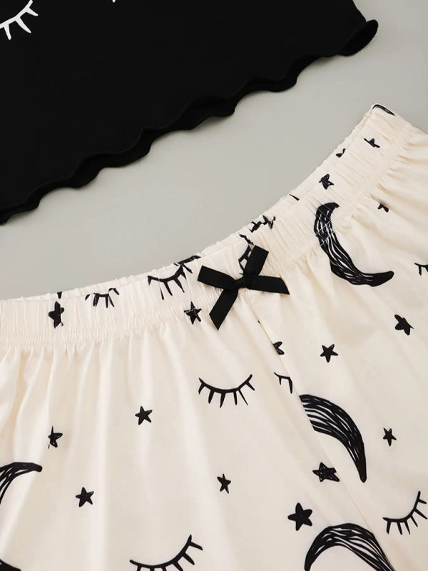 Eyelash Print Camisole Top Star Moon Shorts Loungewear Set-[Adult]-[Female]-2022 Online Blue Zone Planet