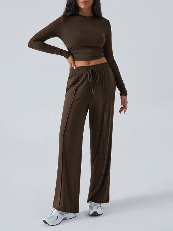 Blue Zone Planet | Women's Crew Neck Long Sleeve Top Wide Leg Pants Set-BOTTOMS SIZES SMALL MEDIUM LARGE-[Adult]-[Female]-Brown-S-2022 Online Blue Zone Planet