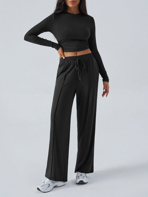 Blue Zone Planet | Women's Crew Neck Long Sleeve Top Wide Leg Pants Set-BOTTOMS SIZES SMALL MEDIUM LARGE-[Adult]-[Female]-Black-S-2022 Online Blue Zone Planet