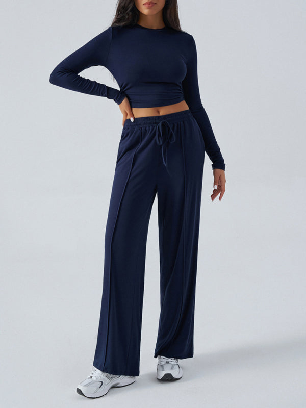 Blue Zone Planet | Women's Crew Neck Long Sleeve Top Wide Leg Pants Set-BOTTOMS SIZES SMALL MEDIUM LARGE-[Adult]-[Female]-2022 Online Blue Zone Planet