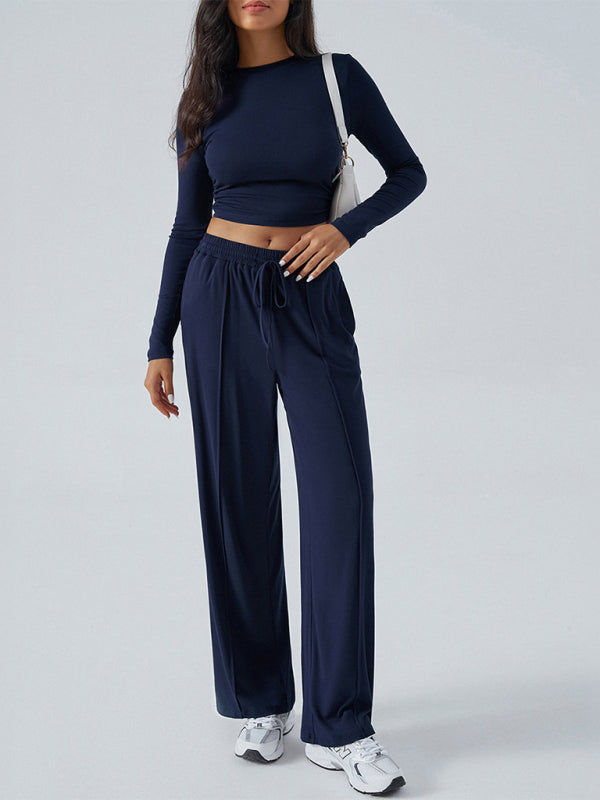 Blue Zone Planet | Women's Crew Neck Long Sleeve Top Wide Leg Pants Set-BOTTOMS SIZES SMALL MEDIUM LARGE-[Adult]-[Female]-Champlain color-S-2022 Online Blue Zone Planet