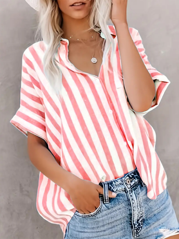 Blue Zone Planet | Women's Two-tone Striped Cardigan Short Sleeve Shirt-[Adult]-[Female]-Brick red-S-2022 Online Blue Zone Planet