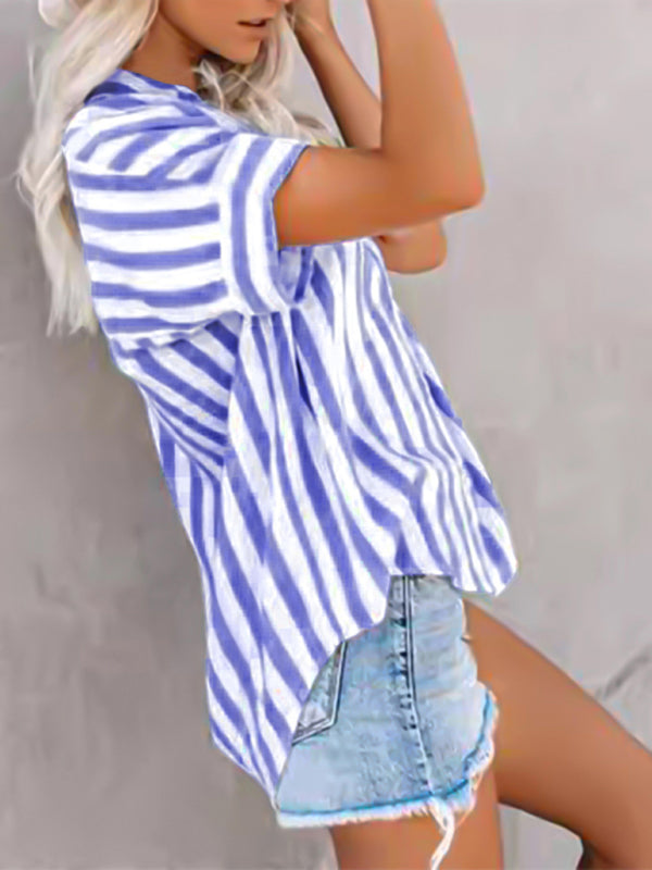 Blue Zone Planet | Women's Two-tone Striped Cardigan Short Sleeve Shirt-[Adult]-[Female]-2022 Online Blue Zone Planet