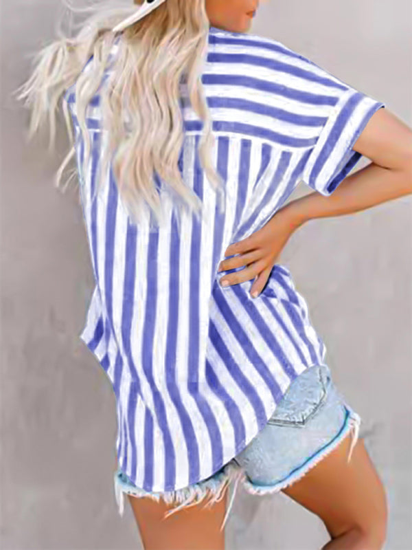 Blue Zone Planet | Women's Two-tone Striped Cardigan Short Sleeve Shirt-[Adult]-[Female]-2022 Online Blue Zone Planet