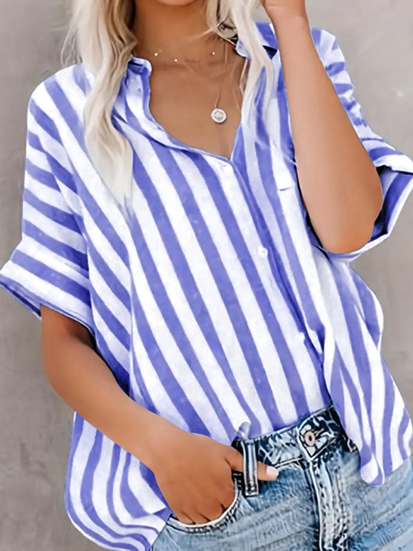 Blue Zone Planet | Women's Two-tone Striped Cardigan Short Sleeve Shirt-[Adult]-[Female]-Denim Blue-S-2022 Online Blue Zone Planet