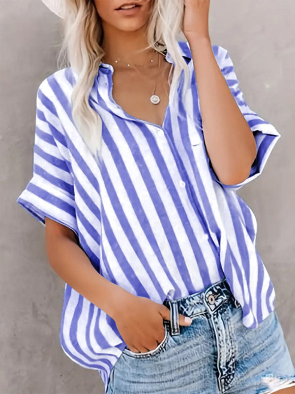 Blue Zone Planet | Women's Two-tone Striped Cardigan Short Sleeve Shirt-[Adult]-[Female]-2022 Online Blue Zone Planet