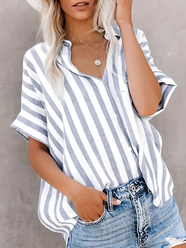 Blue Zone Planet | Women's Two-tone Striped Cardigan Short Sleeve Shirt-[Adult]-[Female]-Misty grey-S-2022 Online Blue Zone Planet