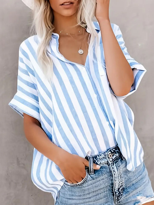 Blue Zone Planet | Women's Two-tone Striped Cardigan Short Sleeve Shirt-[Adult]-[Female]-2022 Online Blue Zone Planet