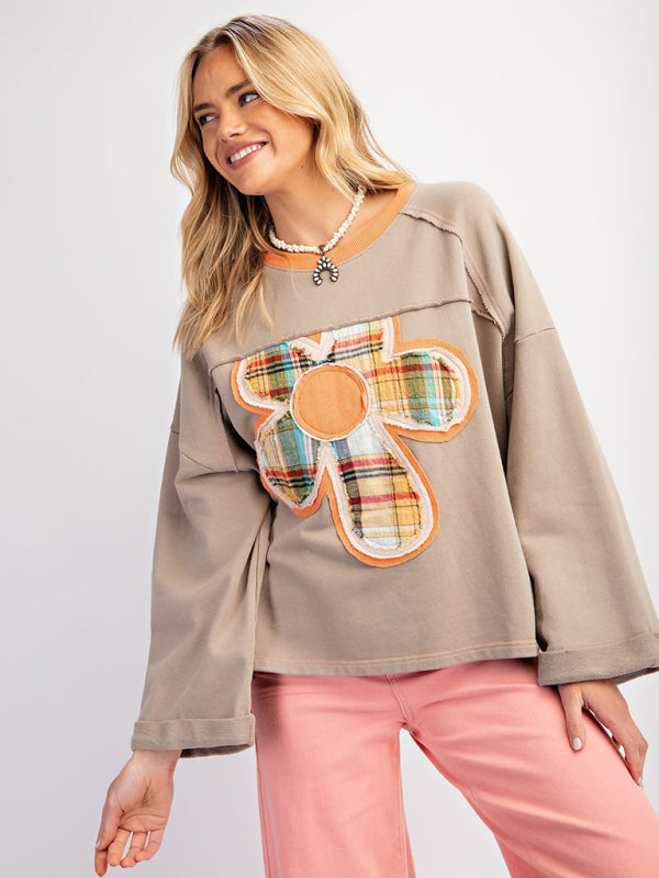 Blue Zone Planet | Women's Colorblock Floral Patch Top Casual Loose Sweatshirt-[Adult]-[Female]-Grey-S-2022 Online Blue Zone Planet