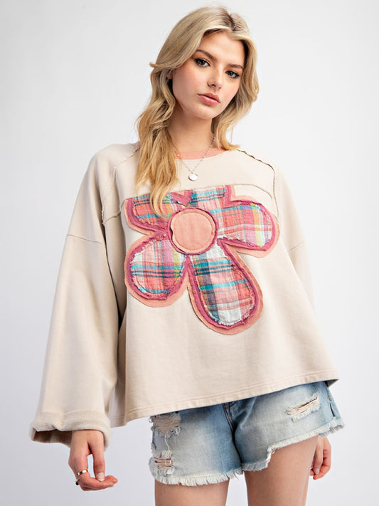 Blue Zone Planet | Women's Colorblock Floral Patch Top Casual Loose Sweatshirt-[Adult]-[Female]-White-S-2022 Online Blue Zone Planet