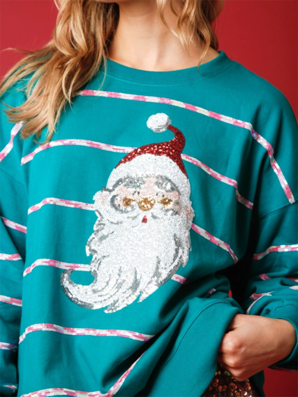 Blue Zone Planet | Christmas Santa Claus Sequin Casual Top Striped Long Sleeve Sweatshirt-[Adult]-[Female]-2022 Online Blue Zone Planet