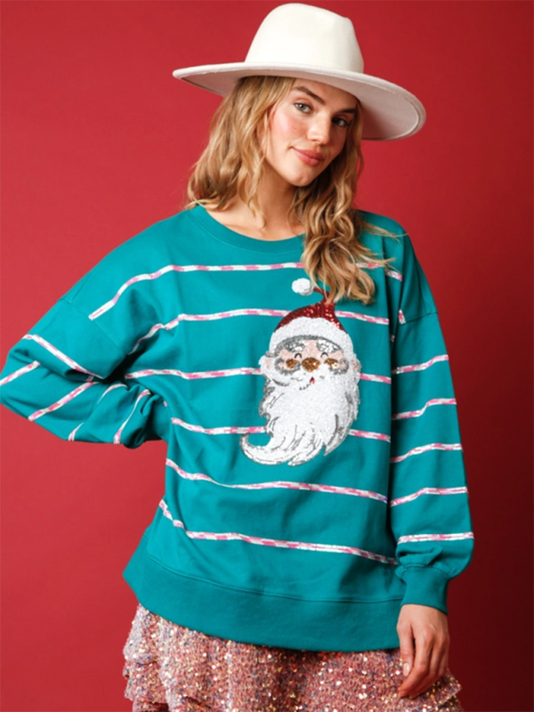 Blue Zone Planet | Christmas Santa Claus Sequin Casual Top Striped Long Sleeve Sweatshirt-[Adult]-[Female]-Peacock blue-S-2022 Online Blue Zone Planet