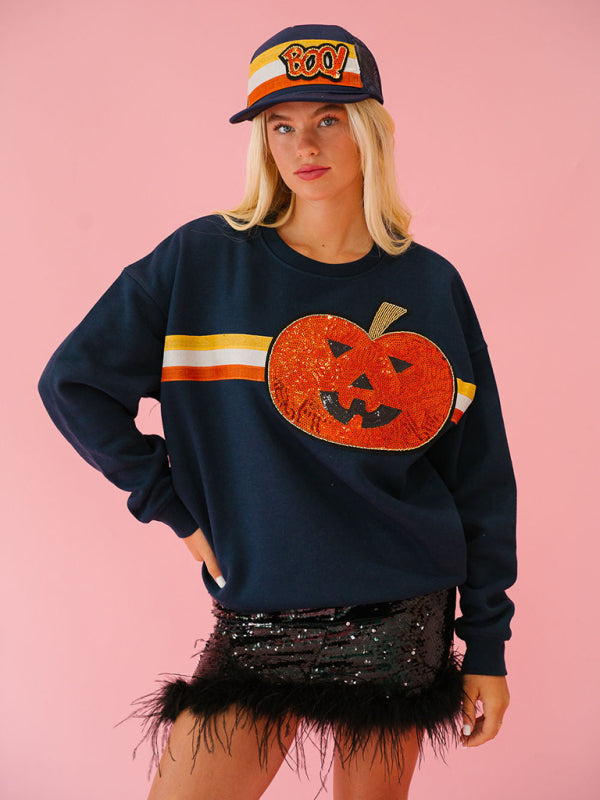 Blue Zone Planet | Women's Halloween sequined sweatshirt loose casual top-[Adult]-[Female]-2022 Online Blue Zone Planet