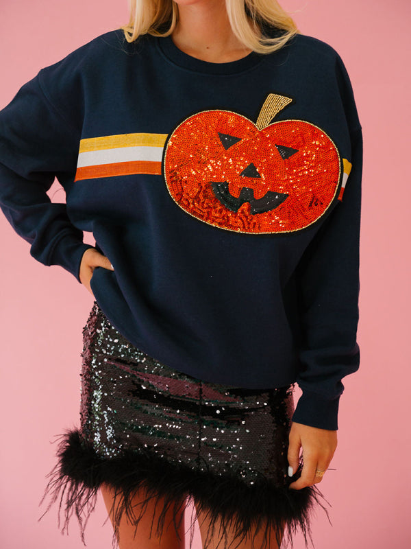 Blue Zone Planet | Women's Halloween sequined sweatshirt loose casual top-[Adult]-[Female]-2022 Online Blue Zone Planet