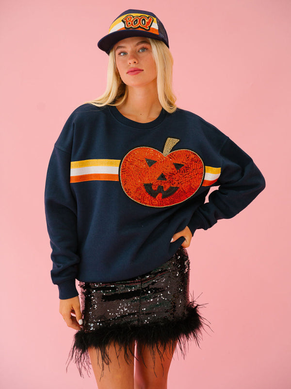 Blue Zone Planet | Women's Halloween sequined sweatshirt loose casual top-[Adult]-[Female]-2022 Online Blue Zone Planet