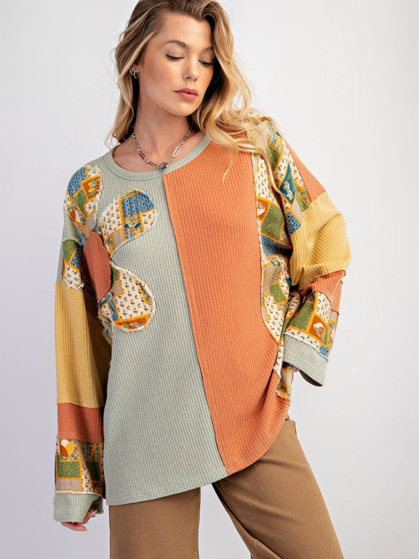 Blue Zone Planet | Women's Contrast Print Waffle Top Casual Loose Sweatshirt-[Adult]-[Female]-Orange-S-2022 Online Blue Zone Planet