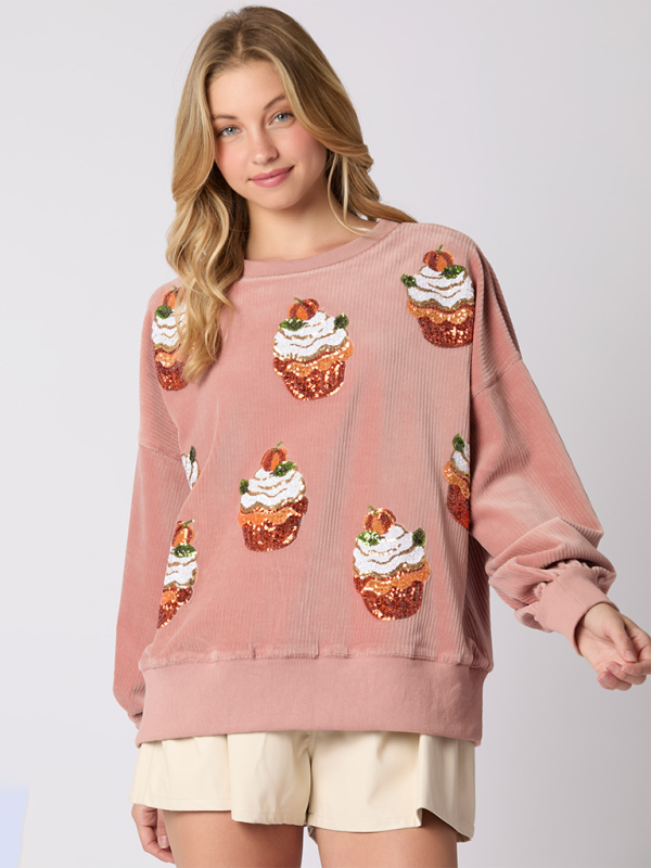 Blue Zone Planet | Christmas Pumpkin Cake Sequin Round Neck Loose Pullover Sweatshirt-[Adult]-[Female]-2022 Online Blue Zone Planet