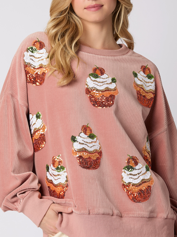 Blue Zone Planet | Christmas Pumpkin Cake Sequin Round Neck Loose Pullover Sweatshirt-[Adult]-[Female]-2022 Online Blue Zone Planet