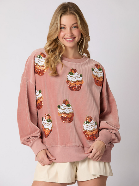 Blue Zone Planet | Christmas Pumpkin Cake Sequin Round Neck Loose Pullover Sweatshirt-[Adult]-[Female]-Pink-S-2022 Online Blue Zone Planet