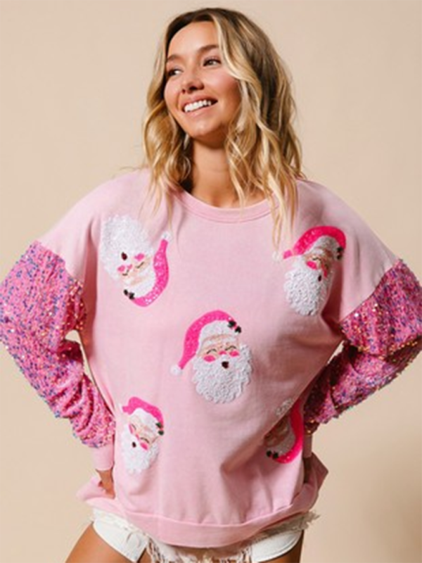 Blue Zone Planet | Women's Sweet Sequin Sleeve Top Christmas Long Sleeve Sweater-[Adult]-[Female]-Pink-S-2022 Online Blue Zone Planet