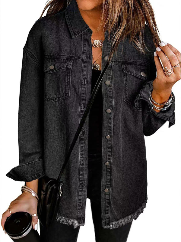 Blue Zone Planet | New Washed Denim Shirt Jacket-[Adult]-[Female]-Black-S-2022 Online Blue Zone Planet