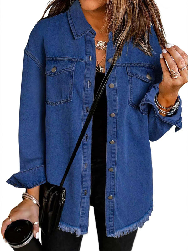 Blue Zone Planet | New Washed Denim Shirt Jacket-[Adult]-[Female]-Purplish blue navy-S-2022 Online Blue Zone Planet