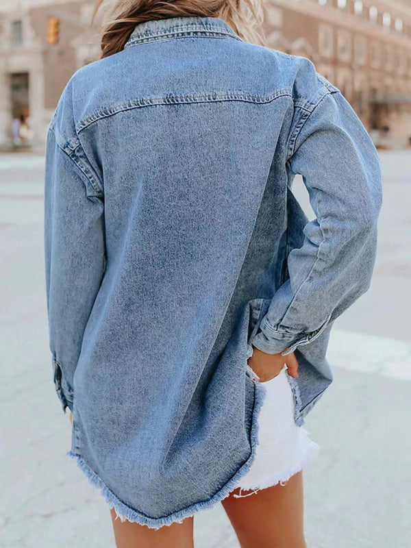 Blue Zone Planet | New Washed Denim Shirt Jacket-[Adult]-[Female]-2022 Online Blue Zone Planet