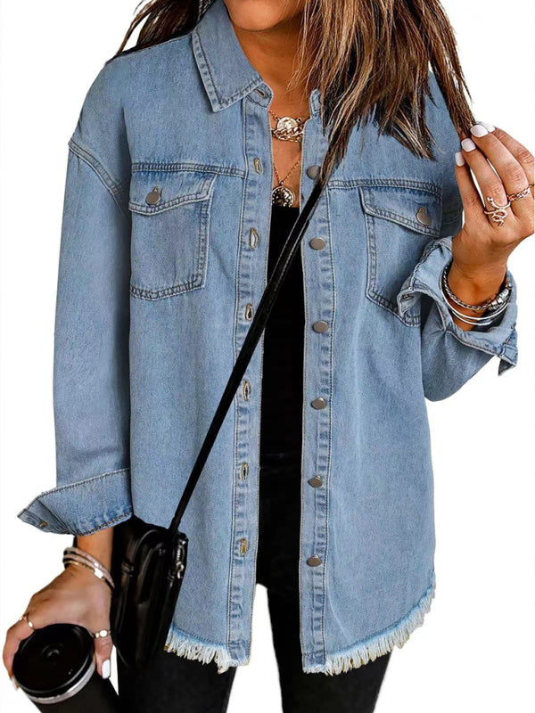 Blue Zone Planet | New Washed Denim Shirt Jacket-[Adult]-[Female]-Denim Blue-S-2022 Online Blue Zone Planet