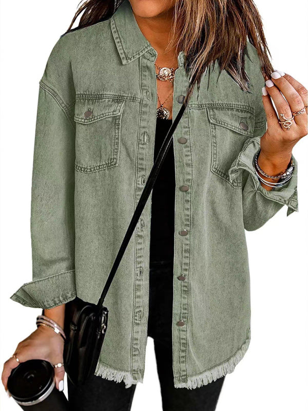 Blue Zone Planet | New Washed Denim Shirt Jacket-[Adult]-[Female]-Green grey-S-2022 Online Blue Zone Planet