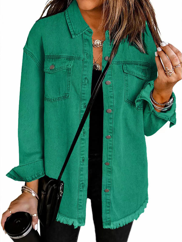 Blue Zone Planet | New Washed Denim Shirt Jacket-[Adult]-[Female]-Green-S-2022 Online Blue Zone Planet