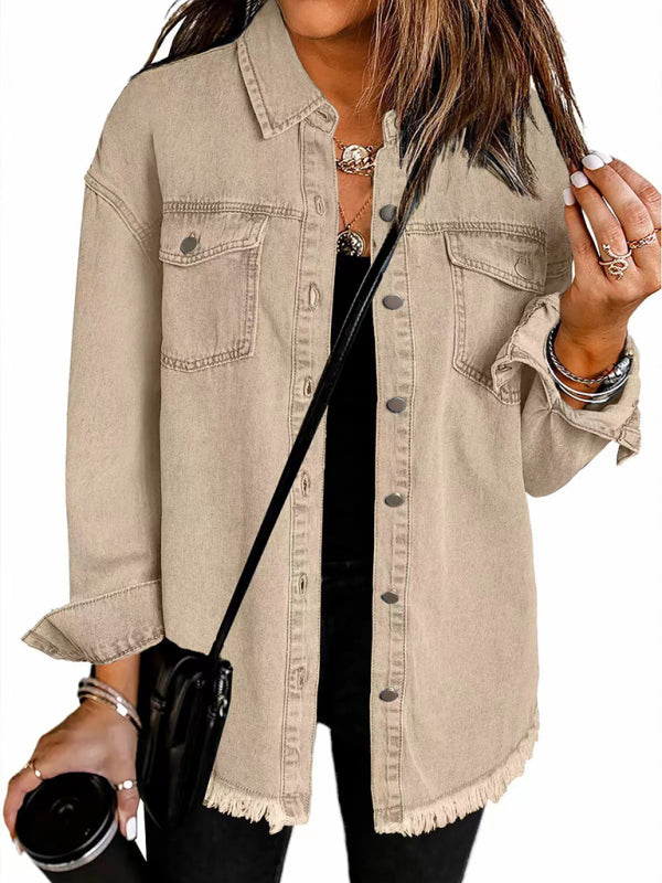 Blue Zone Planet | New Washed Denim Shirt Jacket-[Adult]-[Female]-Khaki-S-2022 Online Blue Zone Planet