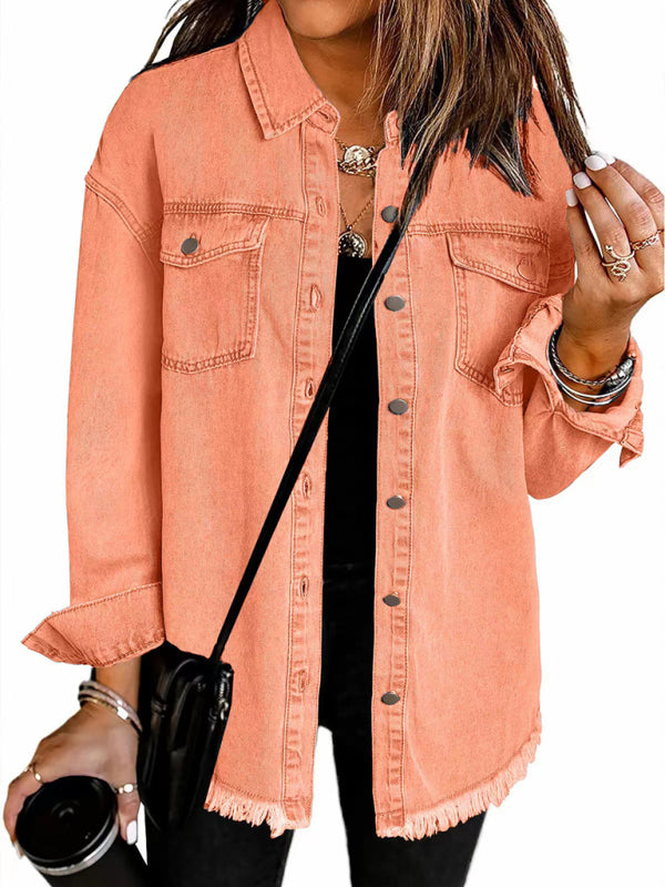 Blue Zone Planet | New Washed Denim Shirt Jacket-[Adult]-[Female]-Orange-S-2022 Online Blue Zone Planet