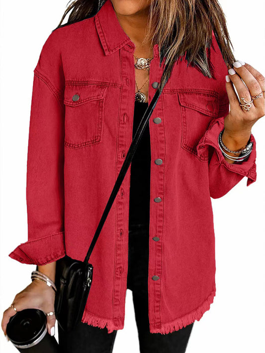 Blue Zone Planet | New Washed Denim Shirt Jacket-[Adult]-[Female]-Red-S-2022 Online Blue Zone Planet