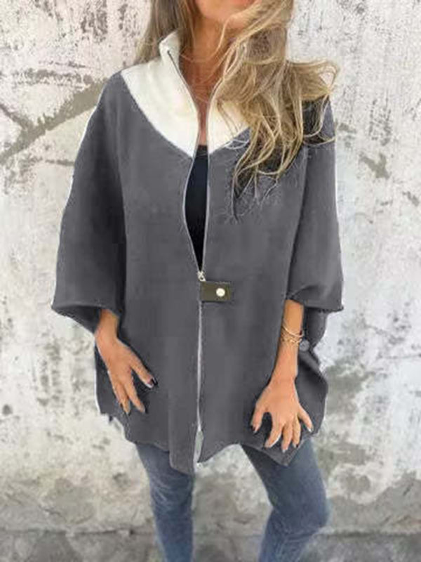 Blue Zone Planet | Autumn and Winter Casual Loose Zip Stand Collar Jacket-[Adult]-[Female]-Grey-S-2022 Online Blue Zone Planet