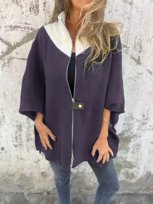 Blue Zone Planet | Autumn and Winter Casual Loose Zip Stand Collar Jacket-[Adult]-[Female]-Purple-S-2022 Online Blue Zone Planet